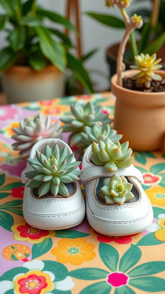 29 Adorable Baby Shower Centerpiece Ideas You’ll Love 13 Baby shoes filled with succulents on a colorful tablecloth.