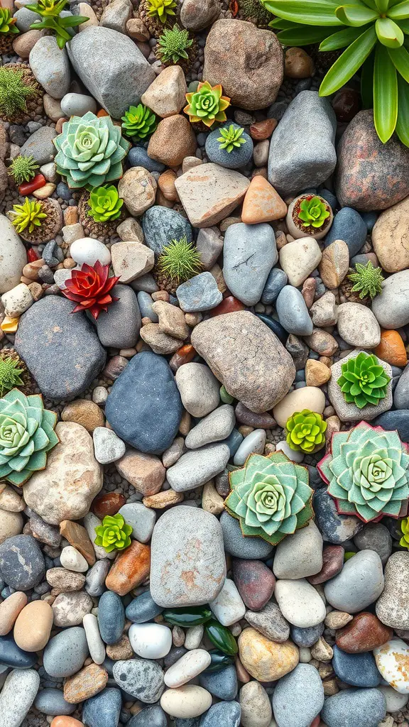 A close-up of a rock garden featuring various succulents and colorful stones.