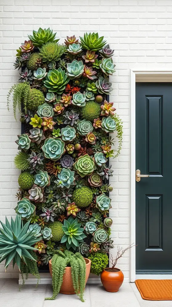 19 Stunning Front Door Planter Ideas to Elevate Your Entryway 2 A vertical wall planter filled with various succulents next to a front door.