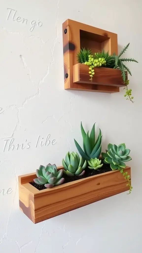 21 Stunning Indoor Plant Wall Designs Featuring Succulents 8 Two wall-mounted succulent planters made from recycled wood, featuring vibrant green succulents.