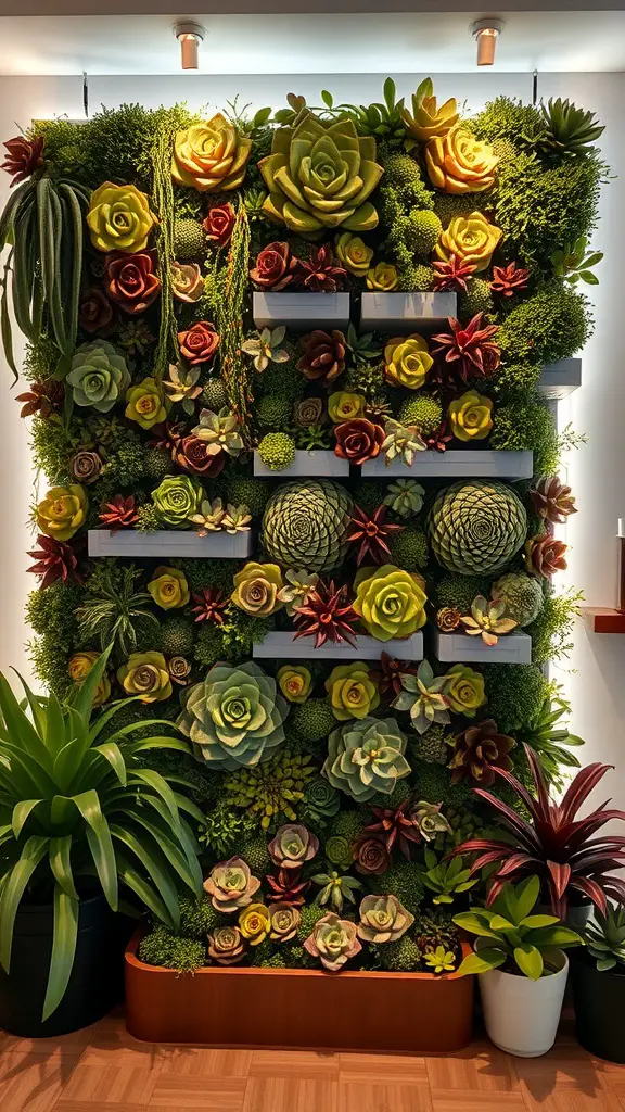 21 Stunning Indoor Plant Wall Designs Featuring Succulents 17 A vibrant succulent wall with integrated LED lighting, showcasing various plants in an artistic arrangement.