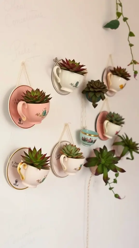 21 Stunning Indoor Plant Wall Designs Featuring Succulents 7 Wall display of vintage tea cups filled with succulents