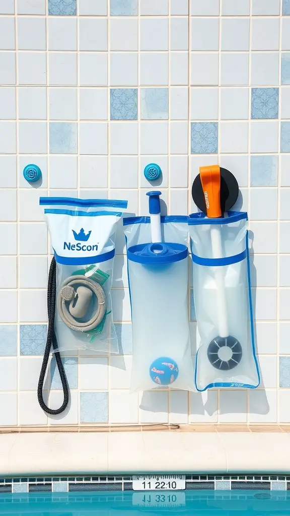 15 Creative Pool Toy Storage Ideas to Keep Your Backyard Organized 8 Suction cup storage bags attached to a tiled pool wall, holding various pool items like a hose and a ball.