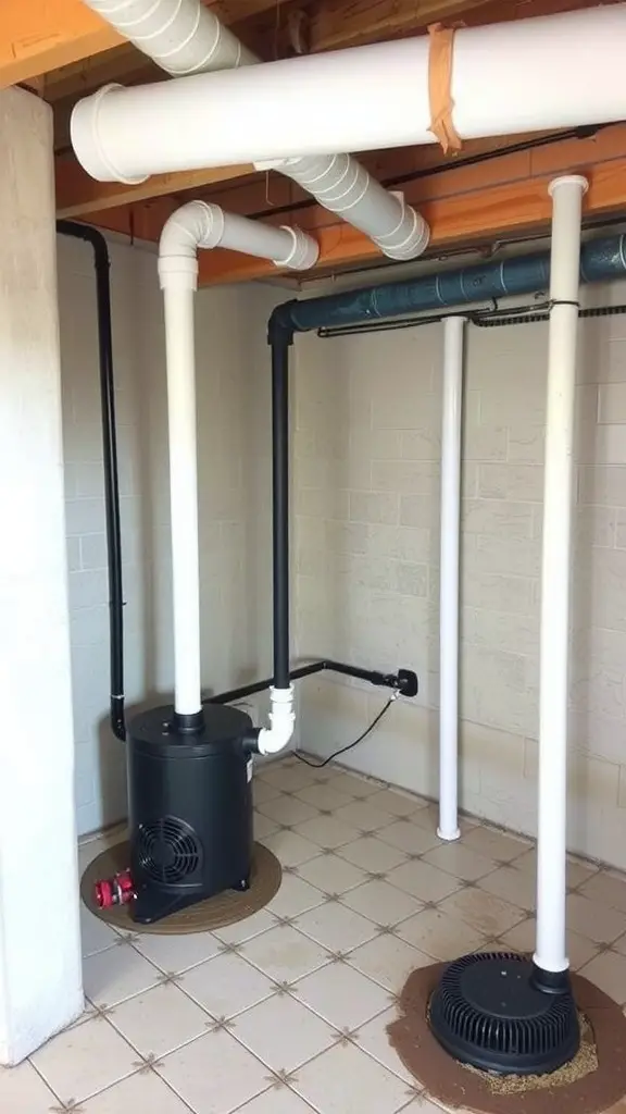 Image of a sump pump system in a basement, showing a black pump and connected white pipes.