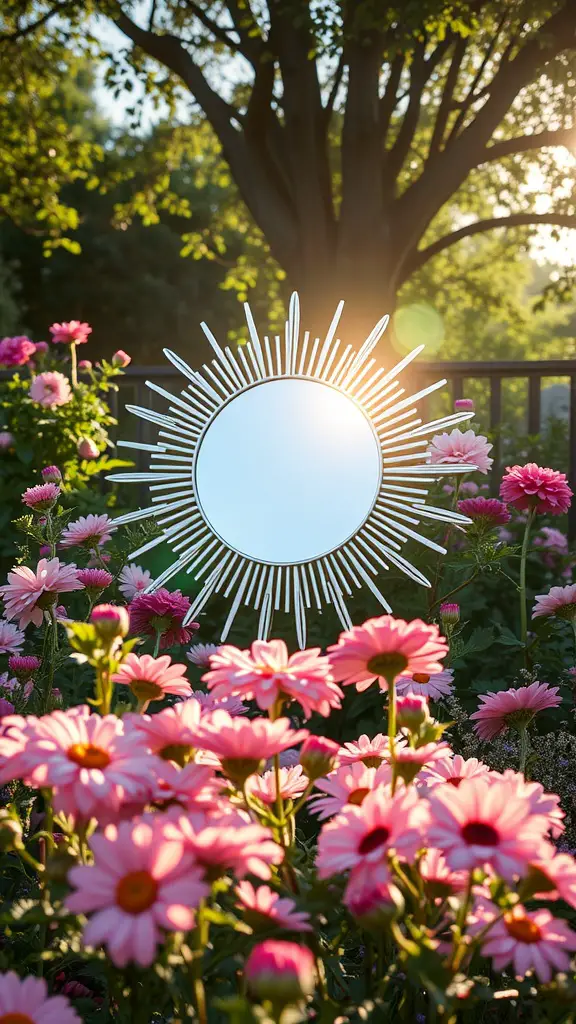 21 Stunning Garden Mirror Ideas to Transform Your Outdoor Space 7 A sunburst mirror surrounded by pink daisies in a garden