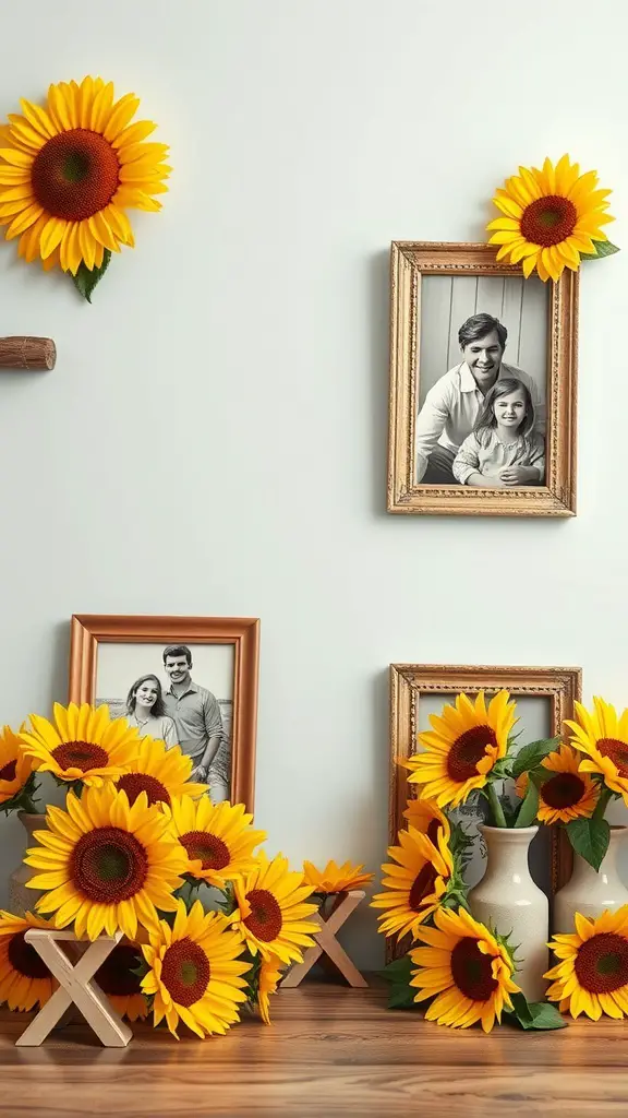 Decorative picture frames embellished with sunflowers, showcasing family photos.