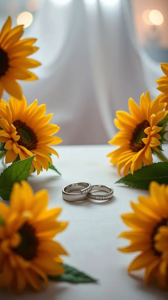 Two wedding rings surrounded by bright sunflowers on a white surface