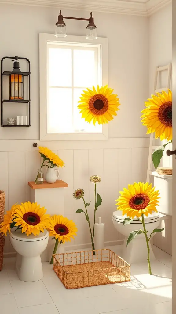 A bright bathroom decorated with sunflowers on toilets and shelves, creating a cheerful atmosphere.
