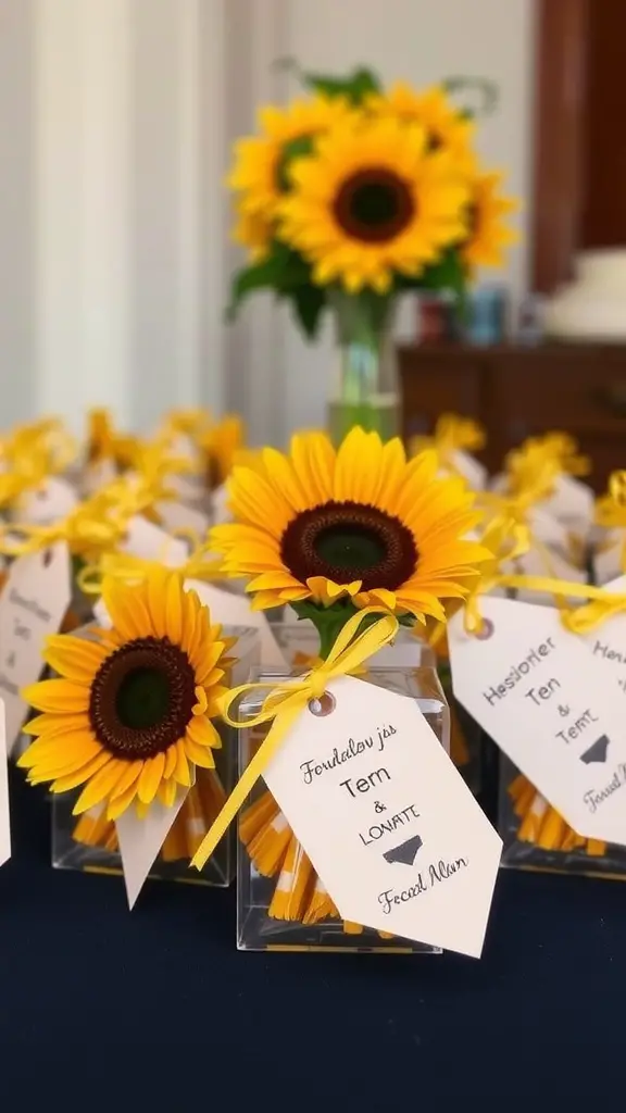 Sunflower-themed wedding favors in clear boxes with yellow ribbons and personalized tags.