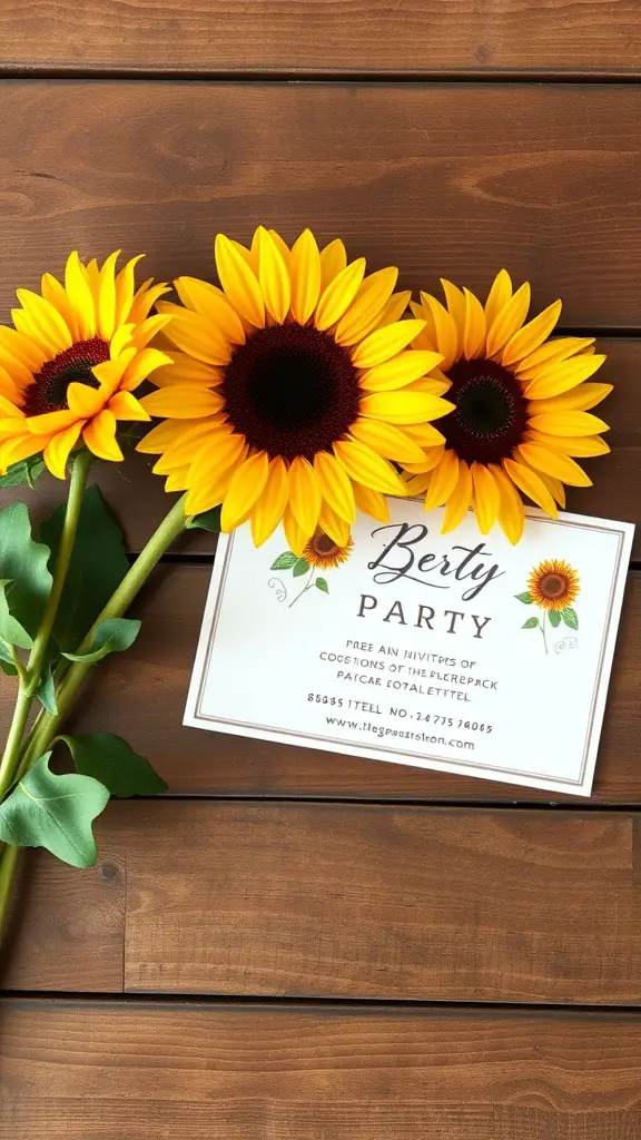 A sunflower-themed party invitation next to fresh sunflowers on a wooden table.