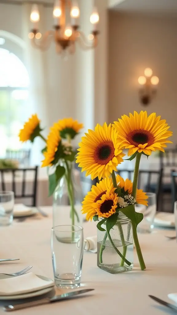 Sunflower-themed table centerpieces with vibrant sunflowers in clear vases, set on a neatly arranged dining table.