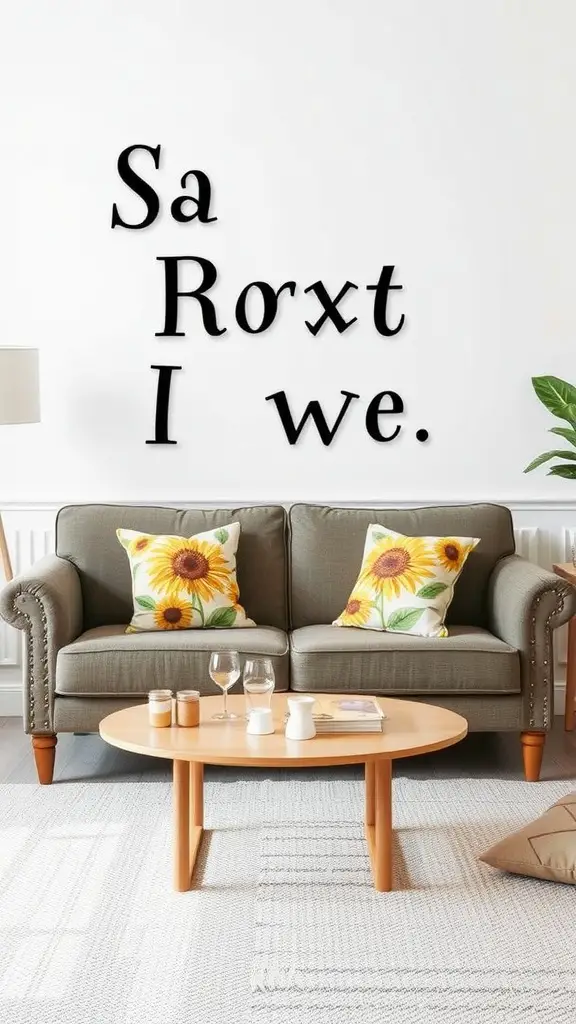 Cozy living room with gray couch and sunflower-themed throw pillows
