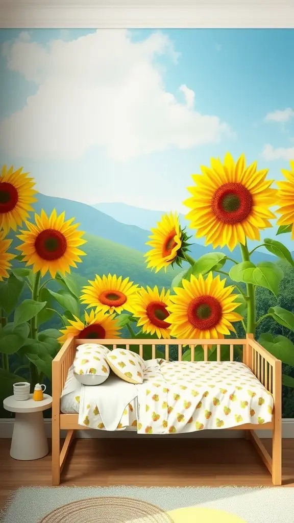 A bright and cheerful sunflower-themed wall mural in a room with a cot and decorative pillows.