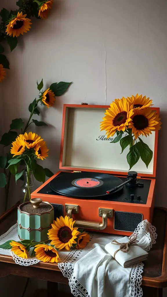 A vintage record player with sunflowers around it, symbolizing a cheerful wedding theme.