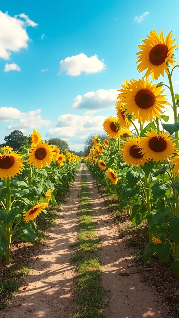A beautiful pathway lined with tall sunflowers under a blue sky with fluffy clouds.