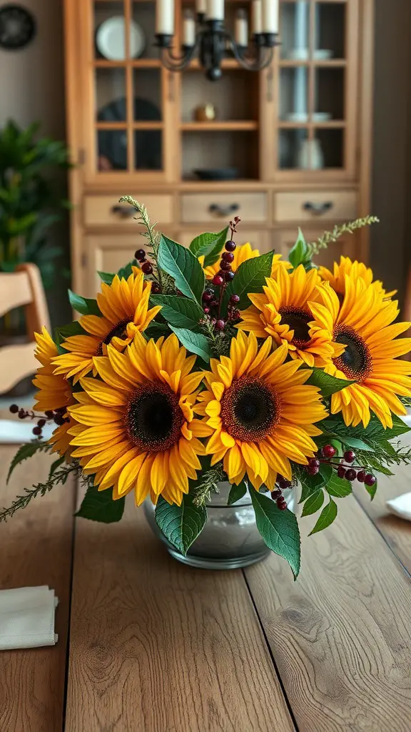 13 Stunning Sunflower Centerpiece Ideas for Your Home Decor 14 A vibrant centerpiece featuring sunflowers and berries on a wooden table.