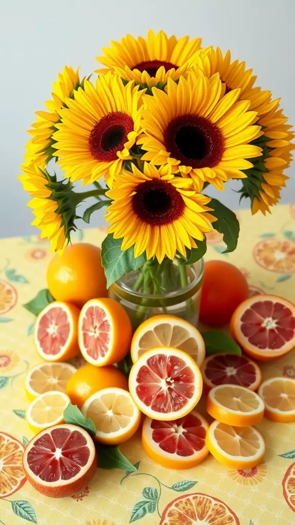13 Stunning Sunflower Centerpiece Ideas for Your Home Decor 11 A vase of sunflowers surrounded by fresh, sliced citrus fruits on a colorful tablecloth.