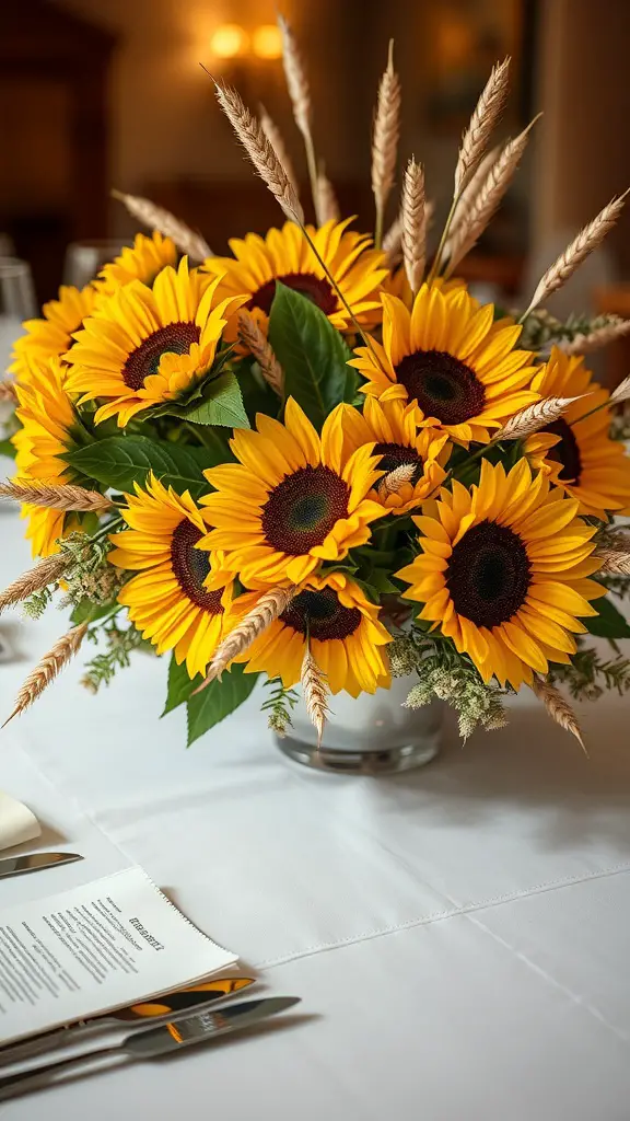 13 Stunning Sunflower Centerpiece Ideas for Your Home Decor 15 A bright centerpiece featuring sunflowers and dried wheat in a glass vase.