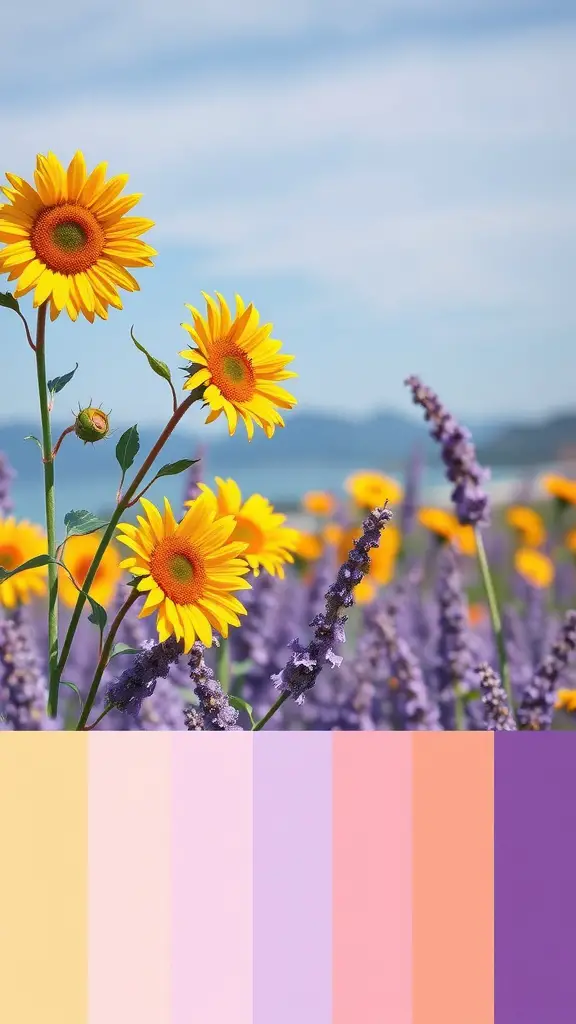 A field of sunflowers and lavender with a color palette overlay.