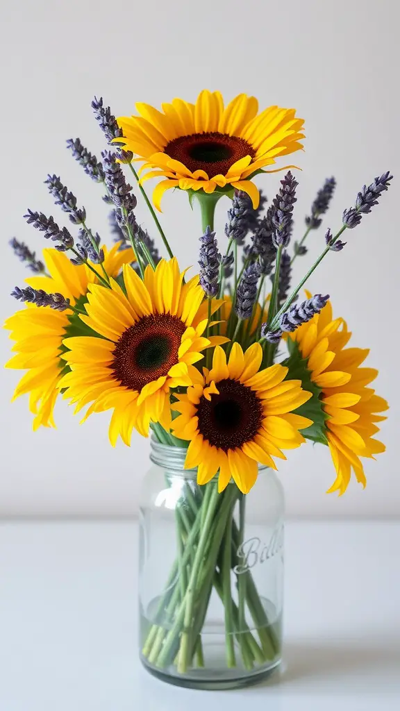 13 Stunning Sunflower Centerpiece Ideas for Your Home Decor 2 A bouquet featuring bright yellow sunflowers and purple lavender in a glass jar.