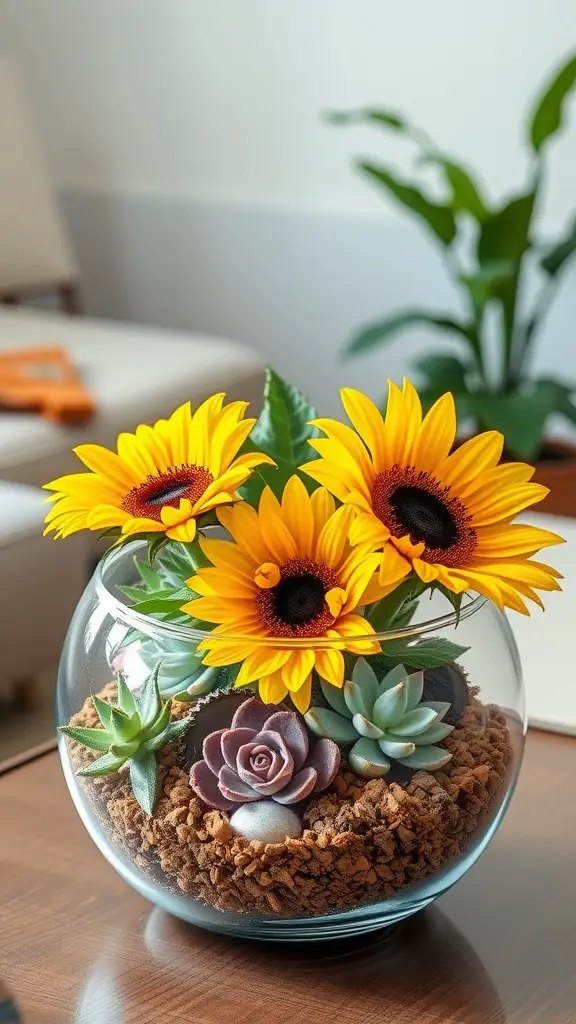 13 Stunning Sunflower Centerpiece Ideas for Your Home Decor 10 A beautiful terrarium with sunflowers and succulents arranged in a glass container.