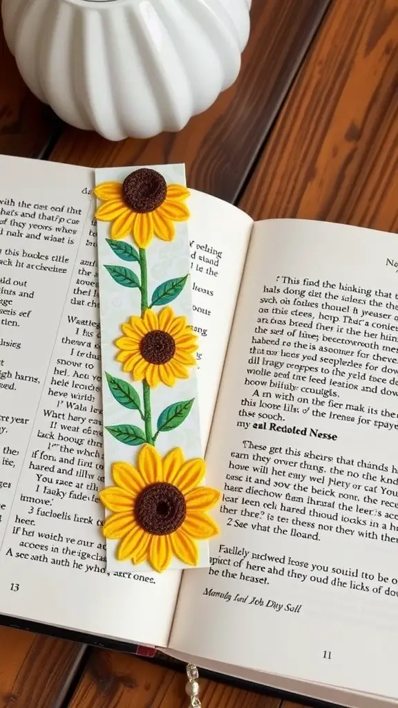 A sunflower-themed bookmark resting on an open book, showcasing vibrant yellow flowers against a soft background.