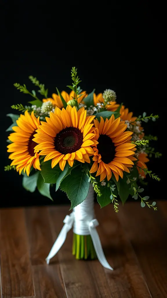 A vibrant sunflower bridal bouquet featuring bright yellow sunflowers, lush greenery, and a white ribbon.