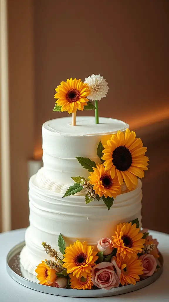 A wedding cake decorated with sunflower cake toppers and roses, showcasing a sunny wedding theme.