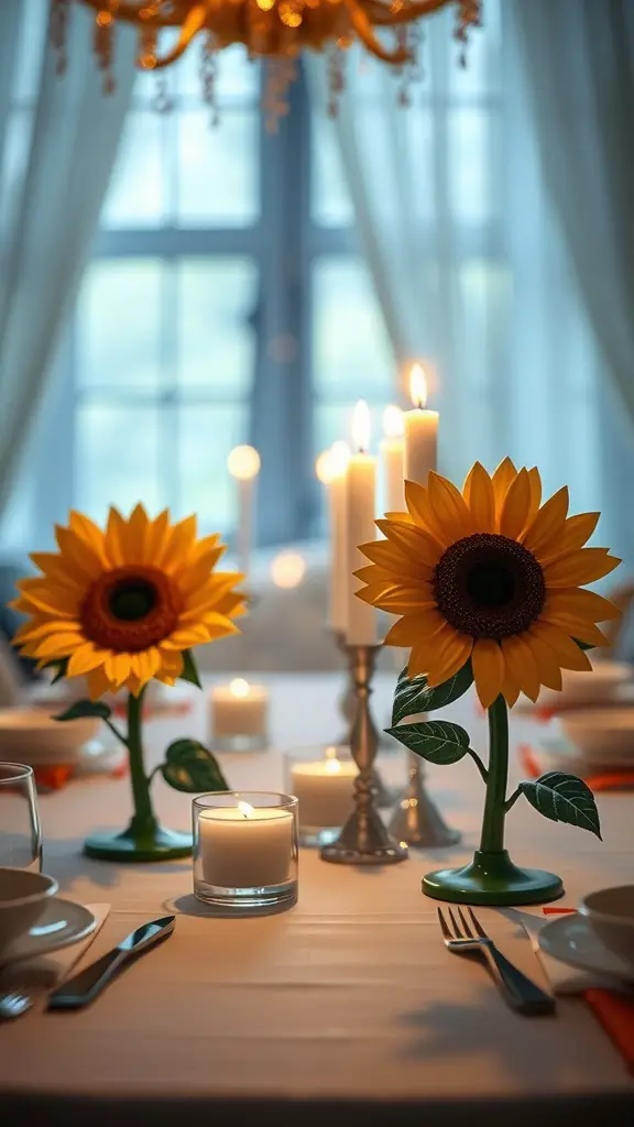 A dining table with sunflower candle holders, candles, and a cozy setting