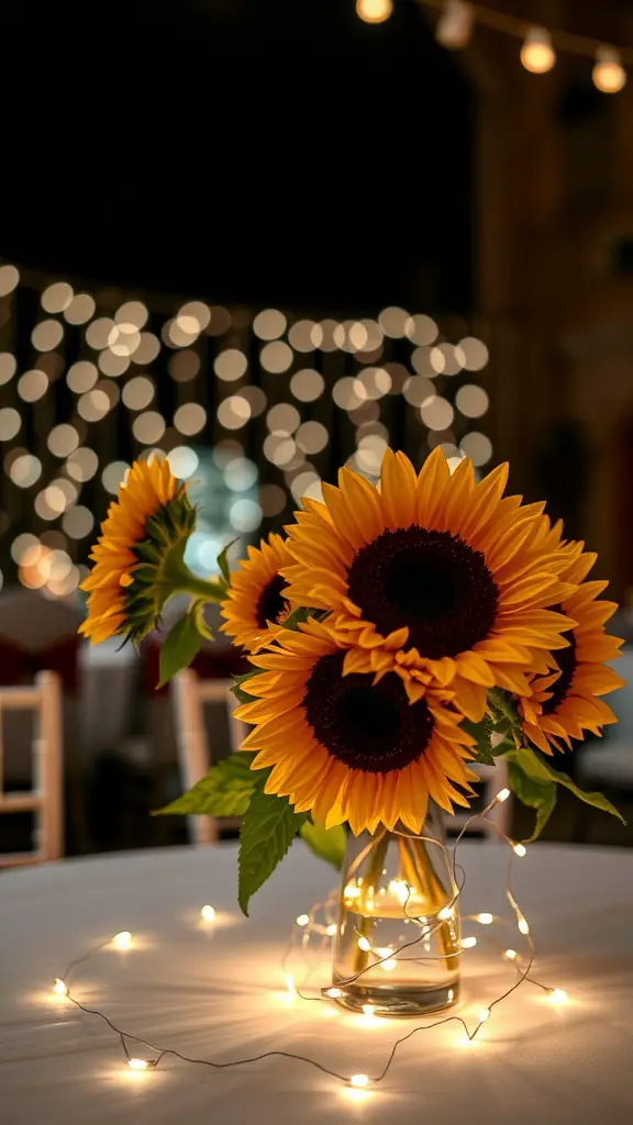 13 Stunning Sunflower Centerpiece Ideas for Your Home Decor 5 A vase of sunflowers with fairy lights around it on a table, creating a warm atmosphere.