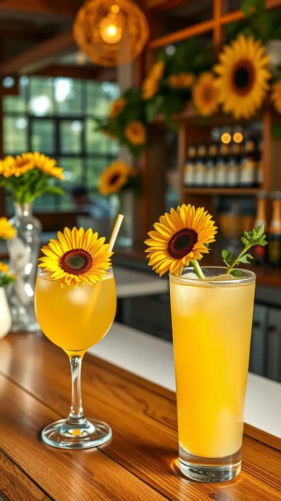 Two sunflower-themed cocktails on a wooden bar, one in a tall glass and one in a goblet, both garnished with sunflowers.