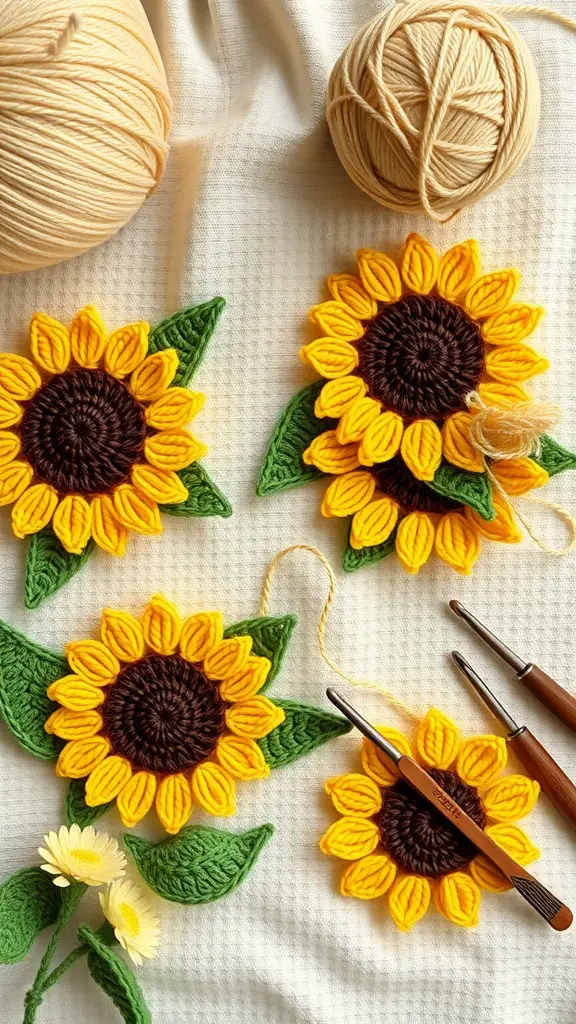 Crocheted sunflowers with yellow petals and brown centers, surrounded by yarn and crochet hooks.