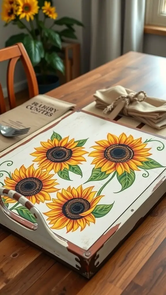 A sunflower decorated serving tray on a wooden table with a plant in the background