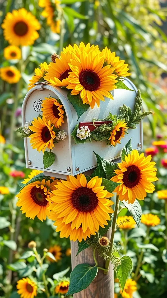 A mailbox decorated with bright yellow sunflowers and green leaves, surrounded by a field of sunflowers.