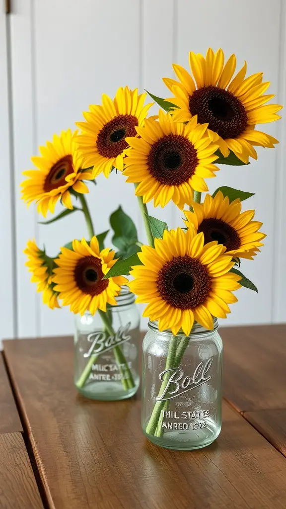 Two mason jars filled with sunflowers on a wooden table.