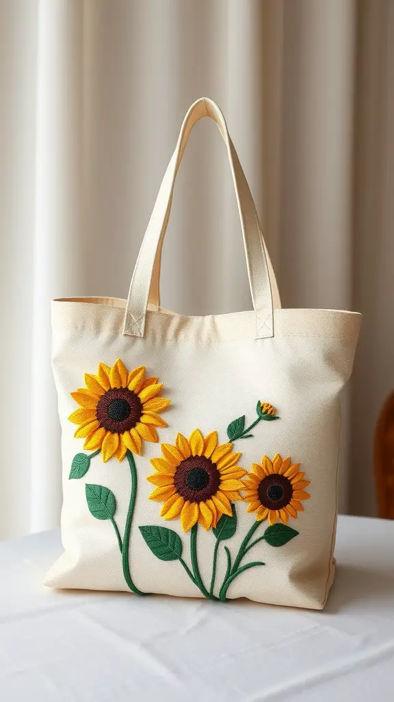 Embroidered tote bag featuring sunflowers and leaves