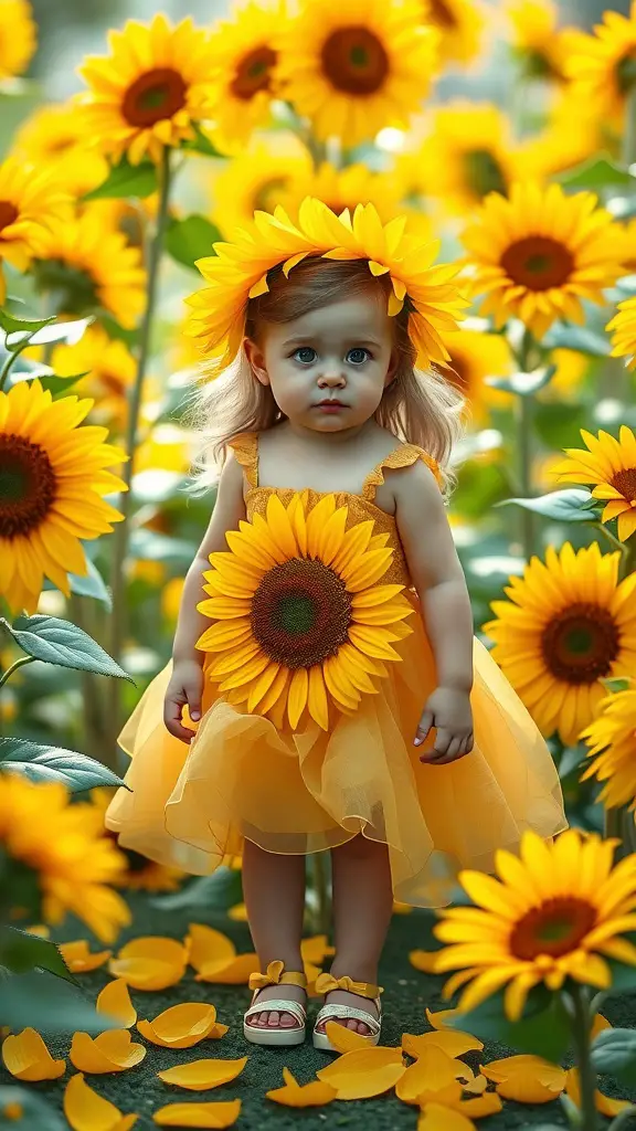 A flower girl in a yellow dress with a sunflower design, surrounded by blooming sunflowers.
