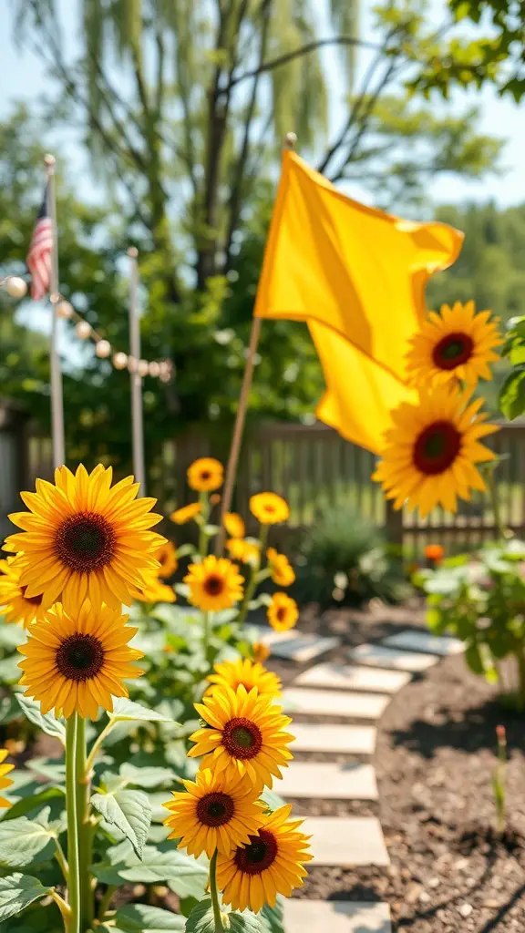 A vibrant garden with sunflowers and a yellow flag waving in the breeze