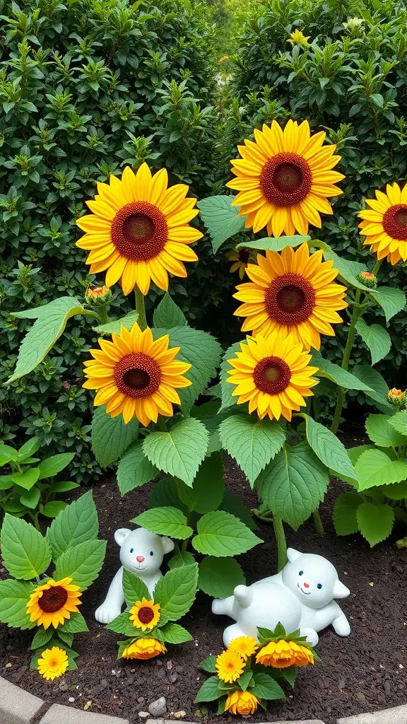 Bright sunflower plants with white bear garden statues among them.