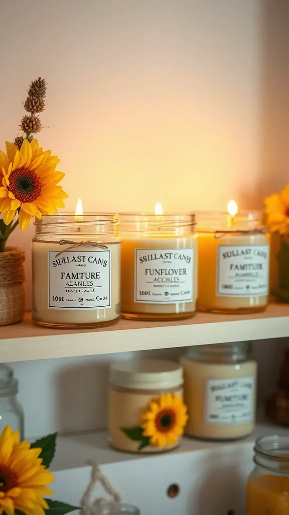A collection of sunflower infused candles on a shelf, with vibrant sunflowers beside them.