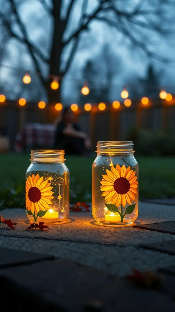 Two decorated mason jars with sunflower designs glowing in the evening light