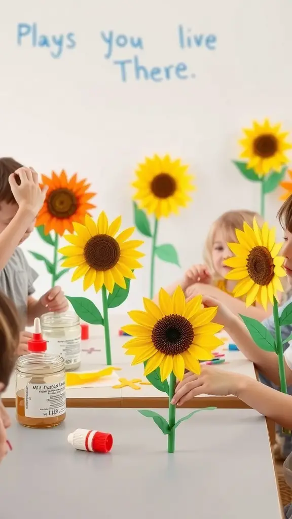 Children engaged in making sunflower paper crafts at a table.