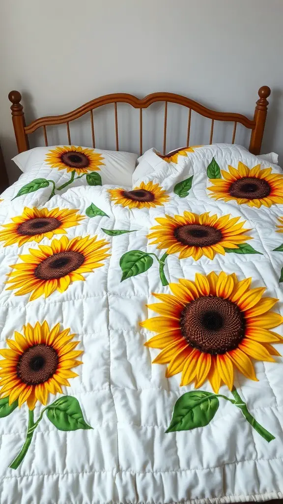 A sunflower quilt with vibrant yellow sunflowers and green leaves on a white background, spread across a bed.