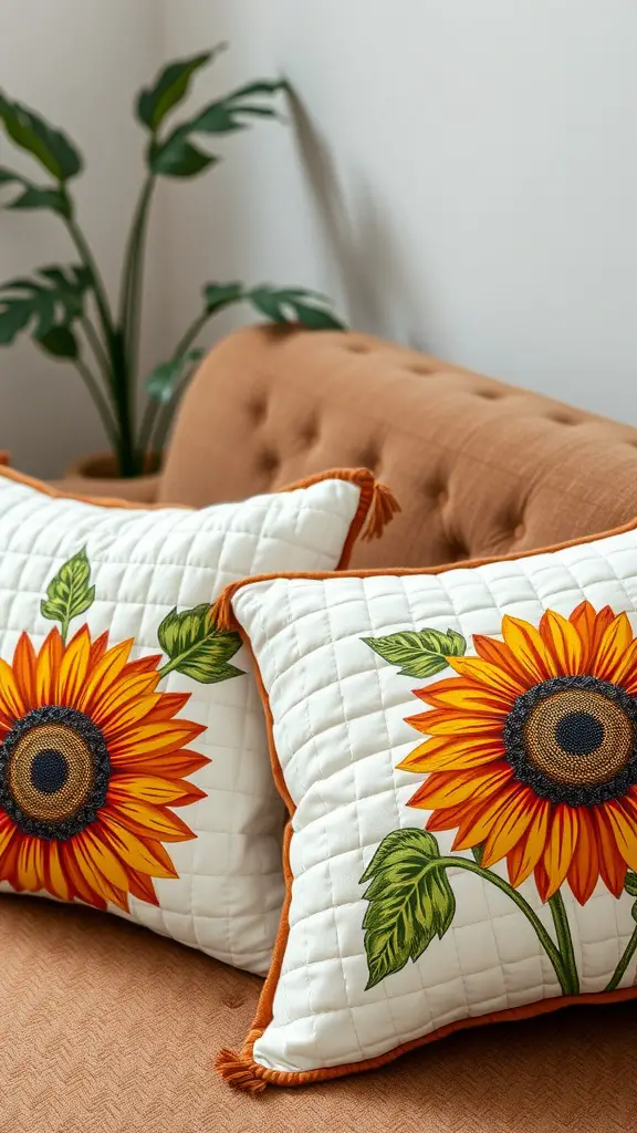 Two quilted pillows with sunflower designs placed on a brown sofa.