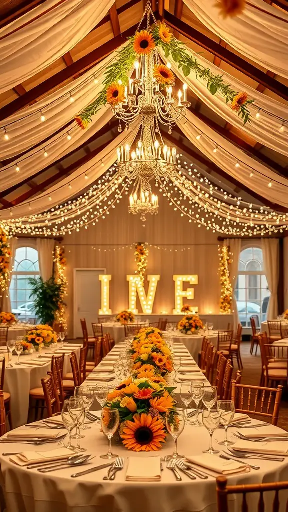 A beautifully decorated wedding reception featuring sunflower centerpieces, twinkling lights, and a chandelier.
