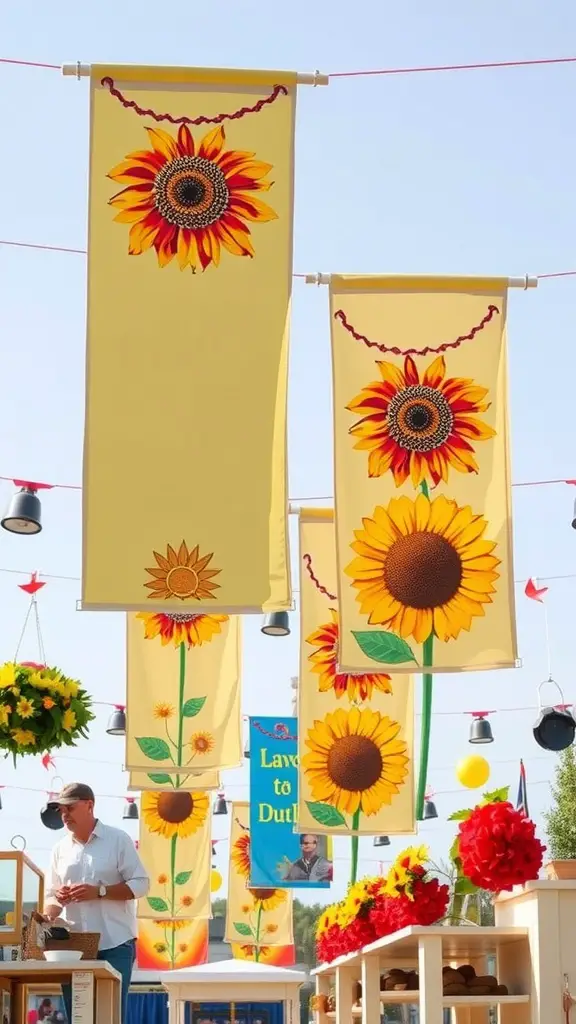 Colorful sunflower banners hanging in a bright atmosphere