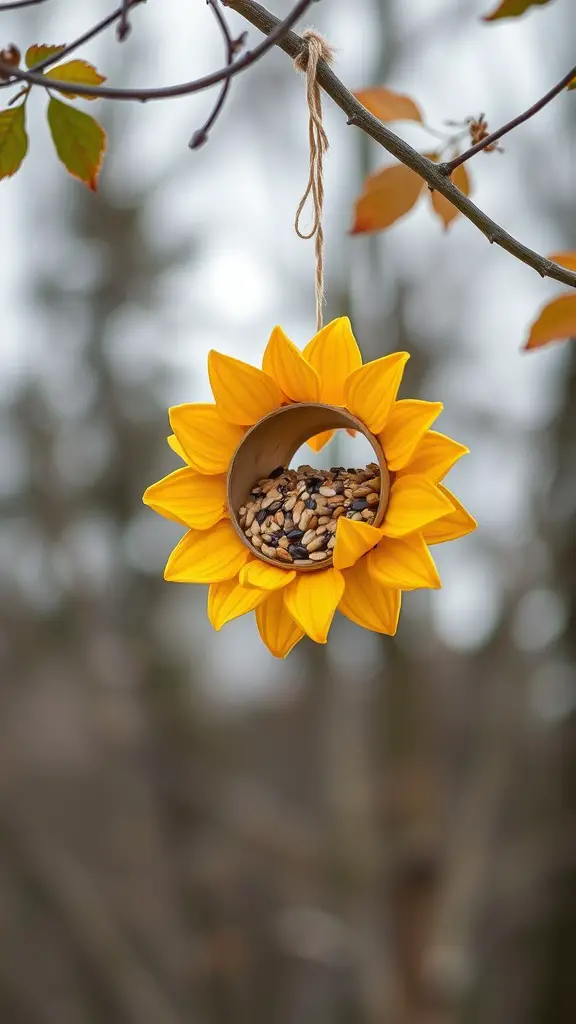 A sunflower-shaped bird feeder filled with seeds, hanging from a tree branch.