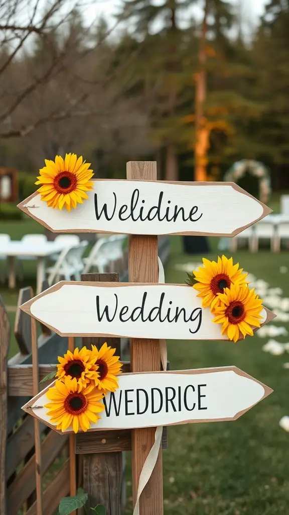 Wooden wedding directional signs with sunflowers