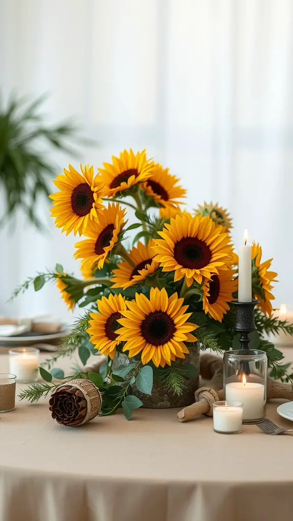 A beautiful table centerpiece featuring sunflowers, candles, and rustic decor.