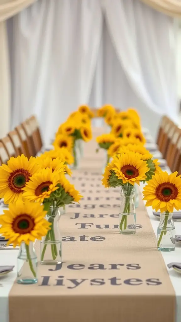 13 Stunning Sunflower Centerpiece Ideas for Your Home Decor 13 A long table with a sunflower table runner and small glass vases holding sunflowers.